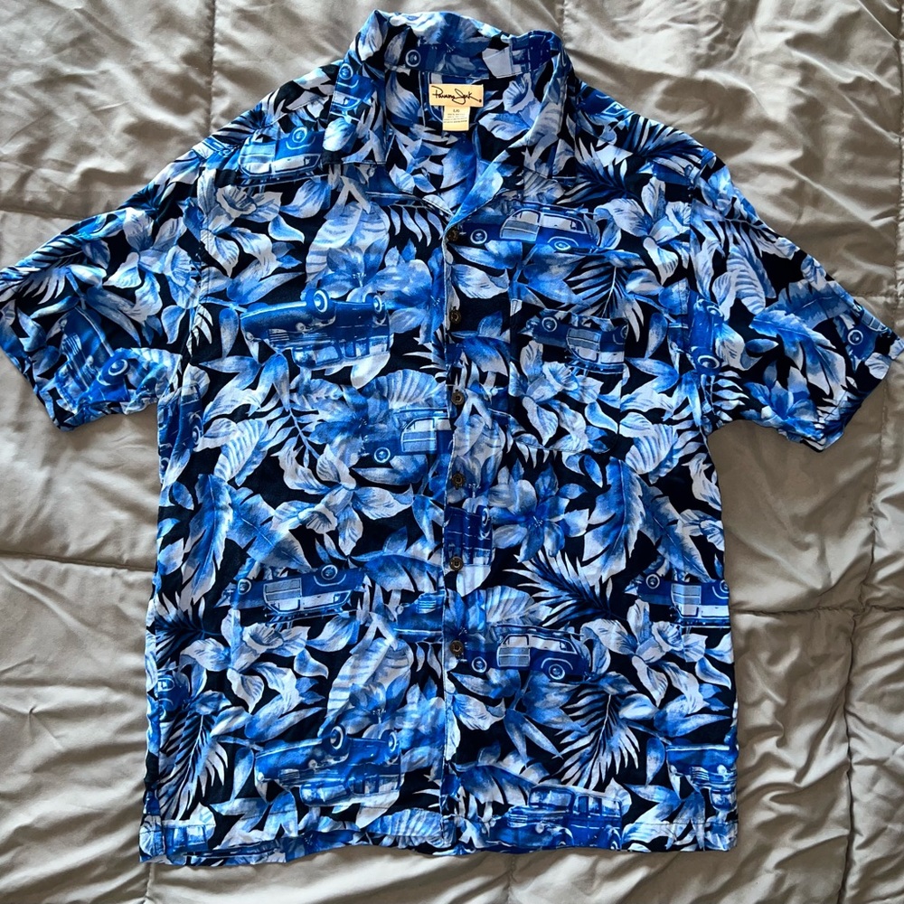 Large Panama Jack blue Hawaiian Woodie short sleeve button down